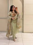 Pastel Green Embroidered Suit Set with Floral Printed Dupatta