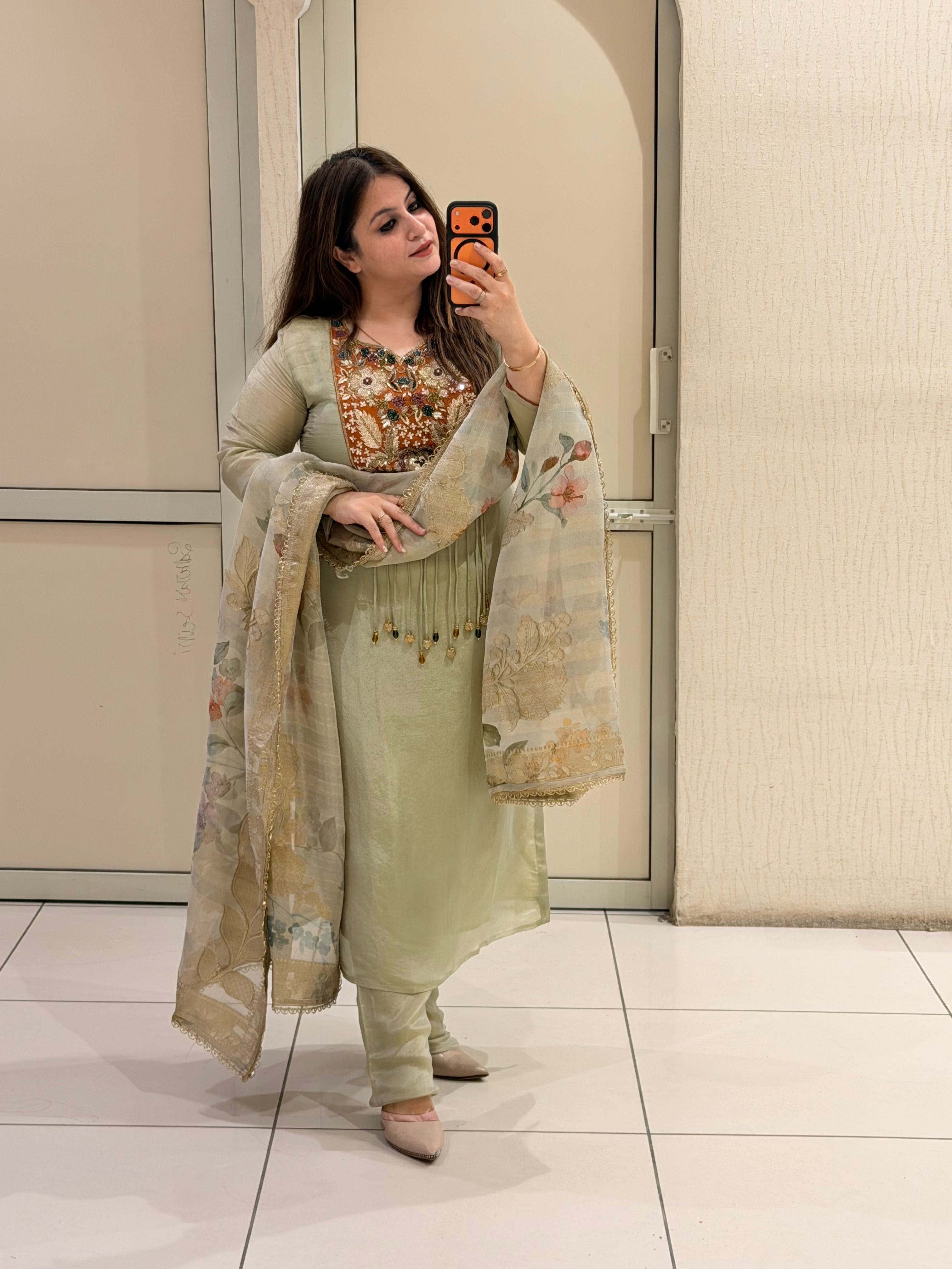Pastel Green Embroidered Suit Set with Floral Printed Dupatta