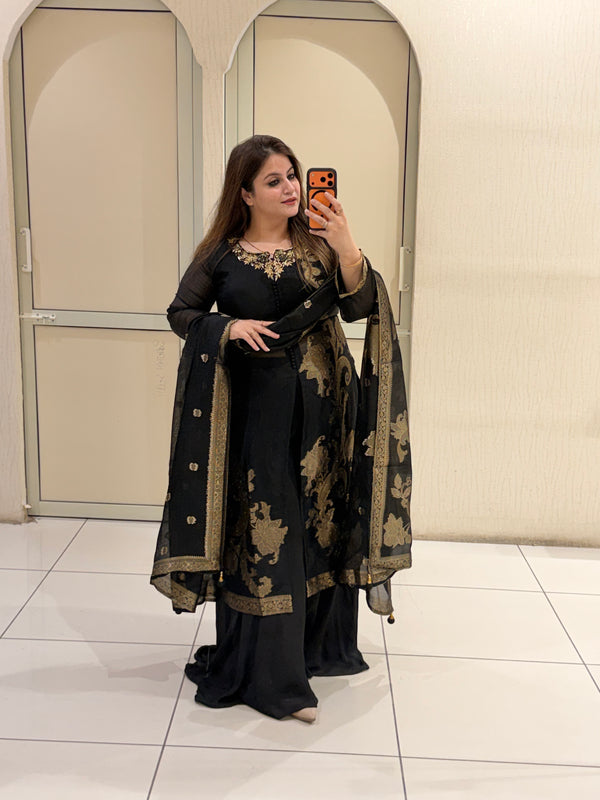 Black & Gold Embroidered Designer Suit Set