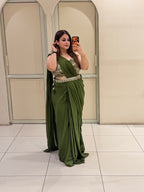 Handwork Stitched Olive Green Saree with Embroidered Blouse