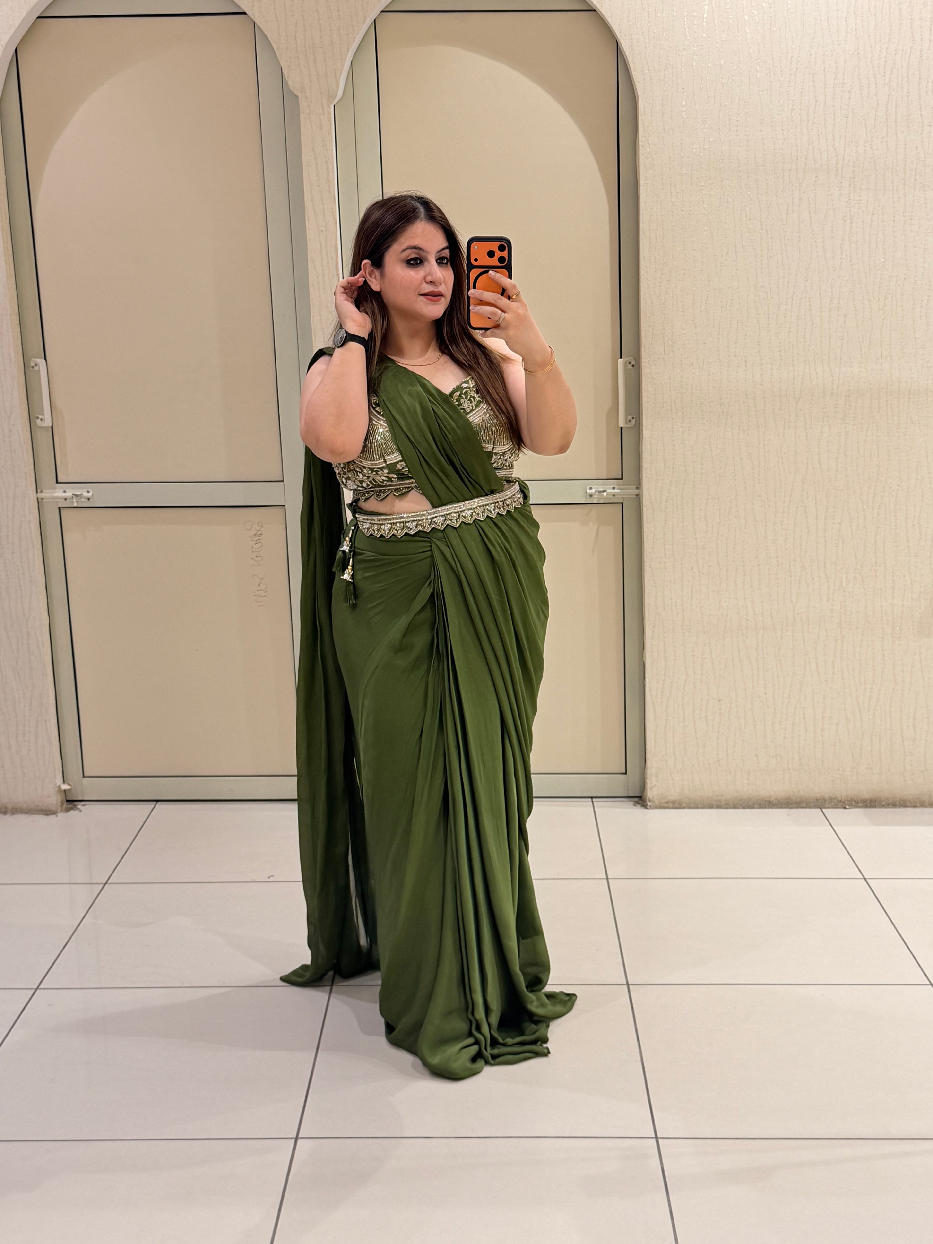 Handwork Stitched Olive Green Saree with Embroidered Blouse