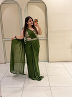 Handwork Stitched Olive Green Saree with Embroidered Blouse