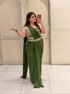 Handwork Stitched Olive Green Saree with Embroidered Blouse