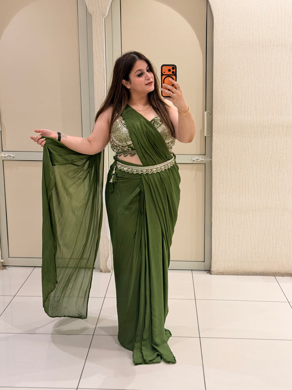 Handwork Stitched Olive Green Saree with Embroidered Blouse