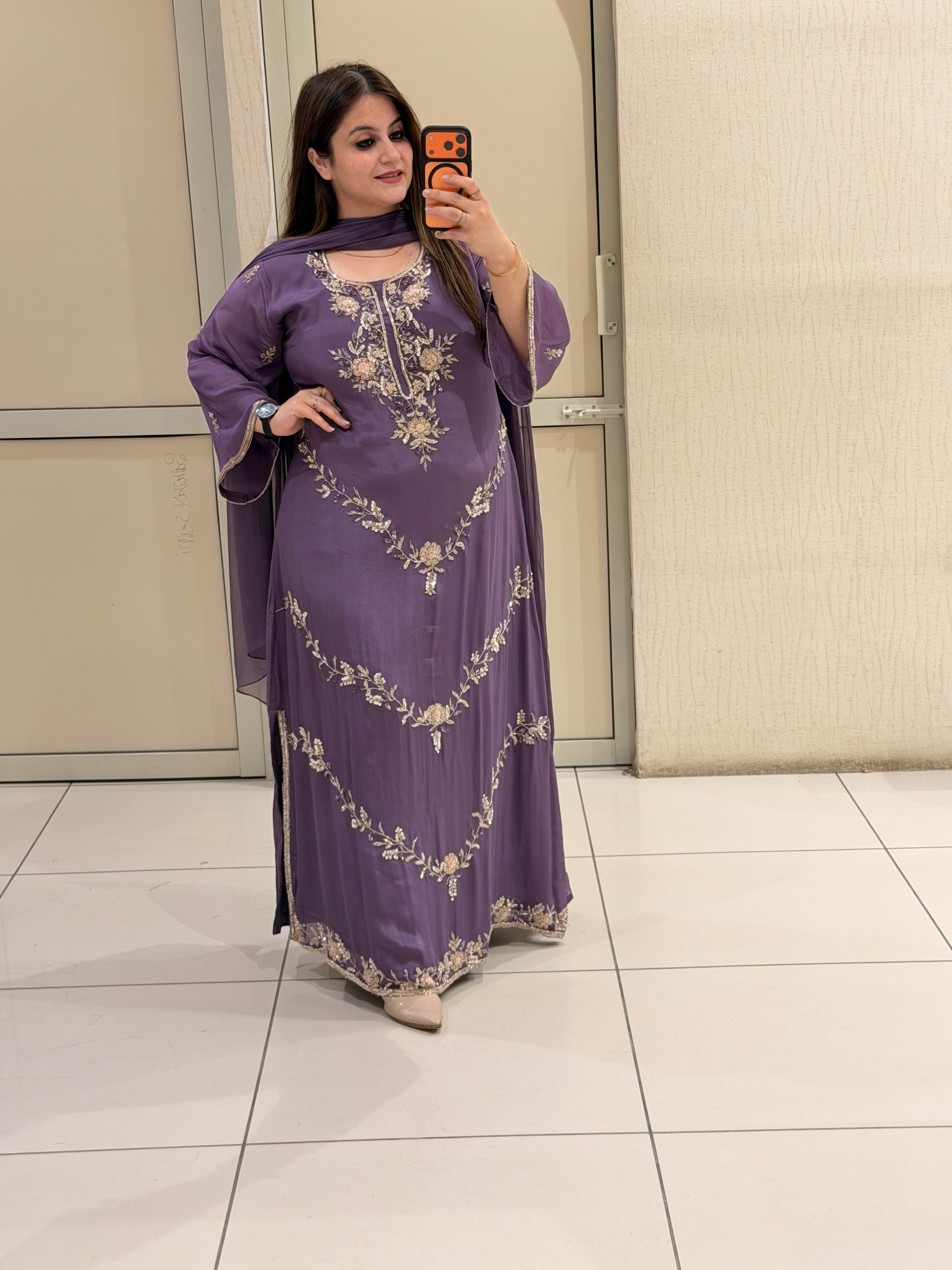 Purple Handwork Long Work Suit Set with Side Slit