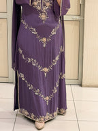 Purple Handwork Long Work Suit Set with Side Slit