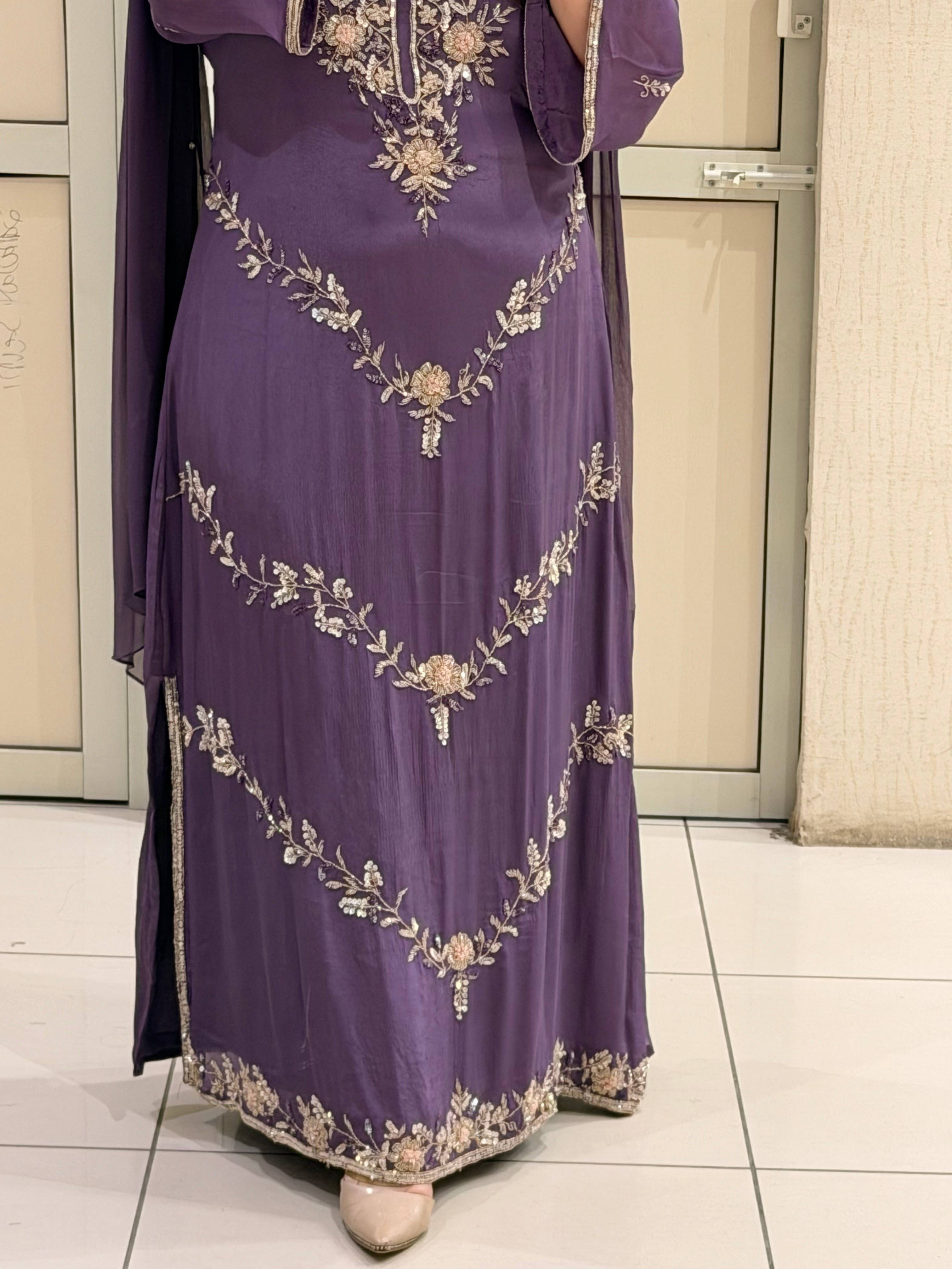 Purple Handwork Long Work Suit Set with Side Slit