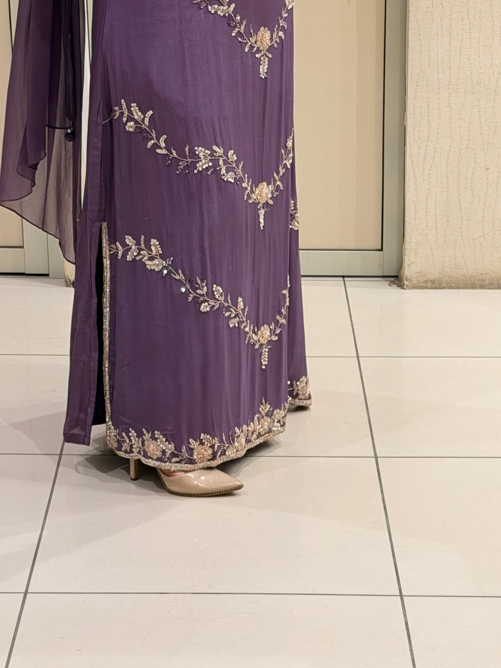 Purple Handwork Long Work Suit Set with Side Slit
