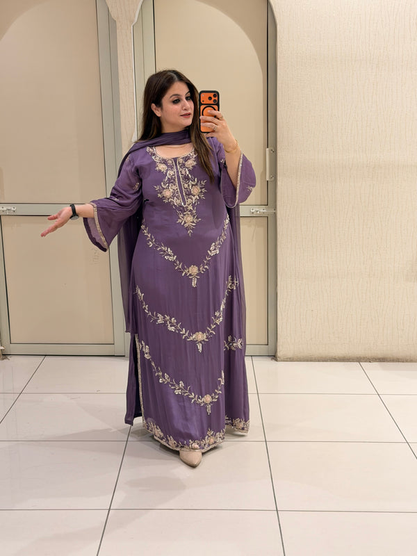 Purple Handwork Long Work Suit Set with Side Slit