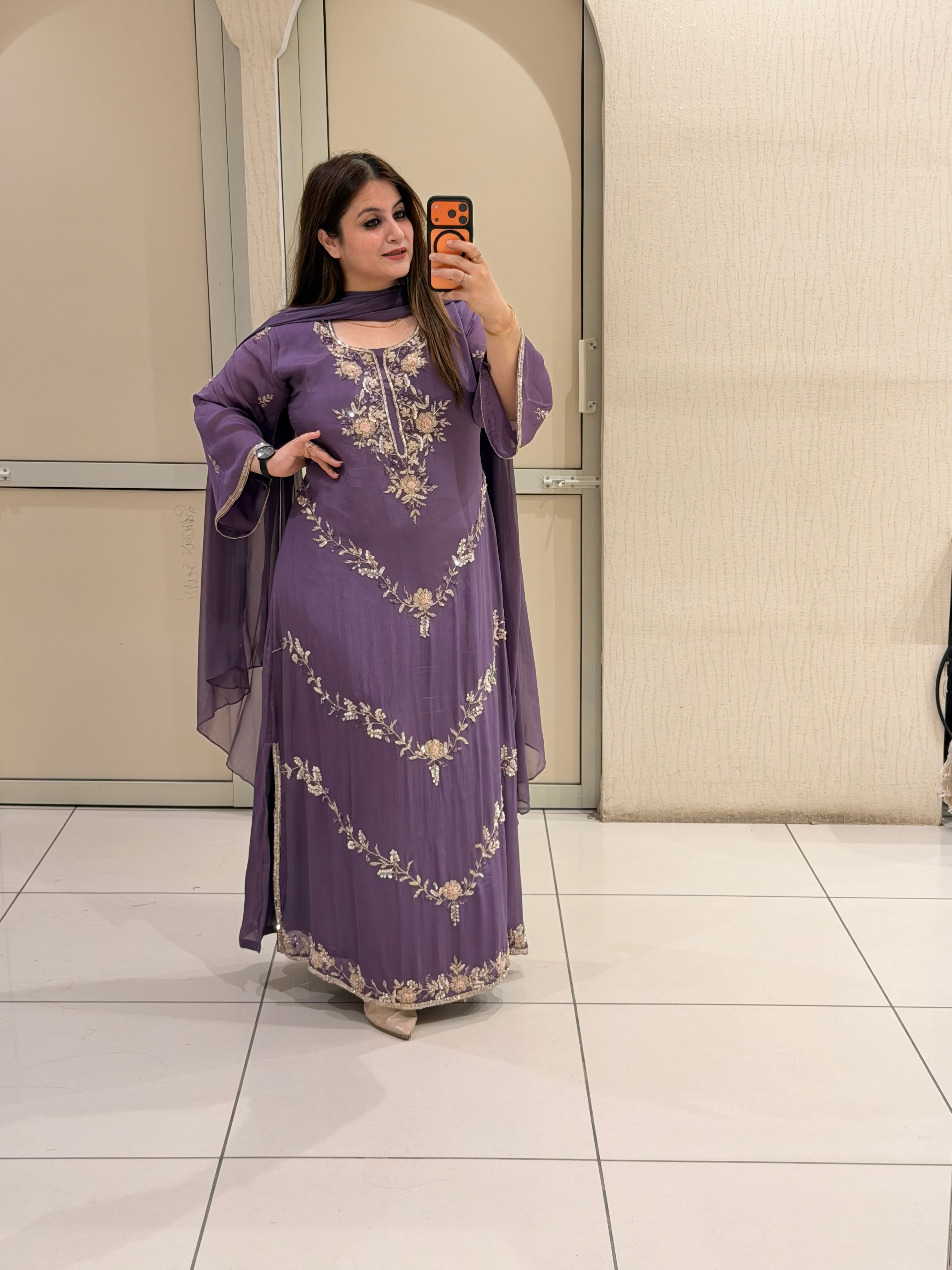 Purple Handwork Long Work Suit Set with Side Slit