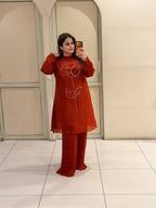 Rust Floral Embroidered Party Wear Co-Ord Set