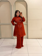 Rust Floral Embroidered Party Wear Co-Ord Set