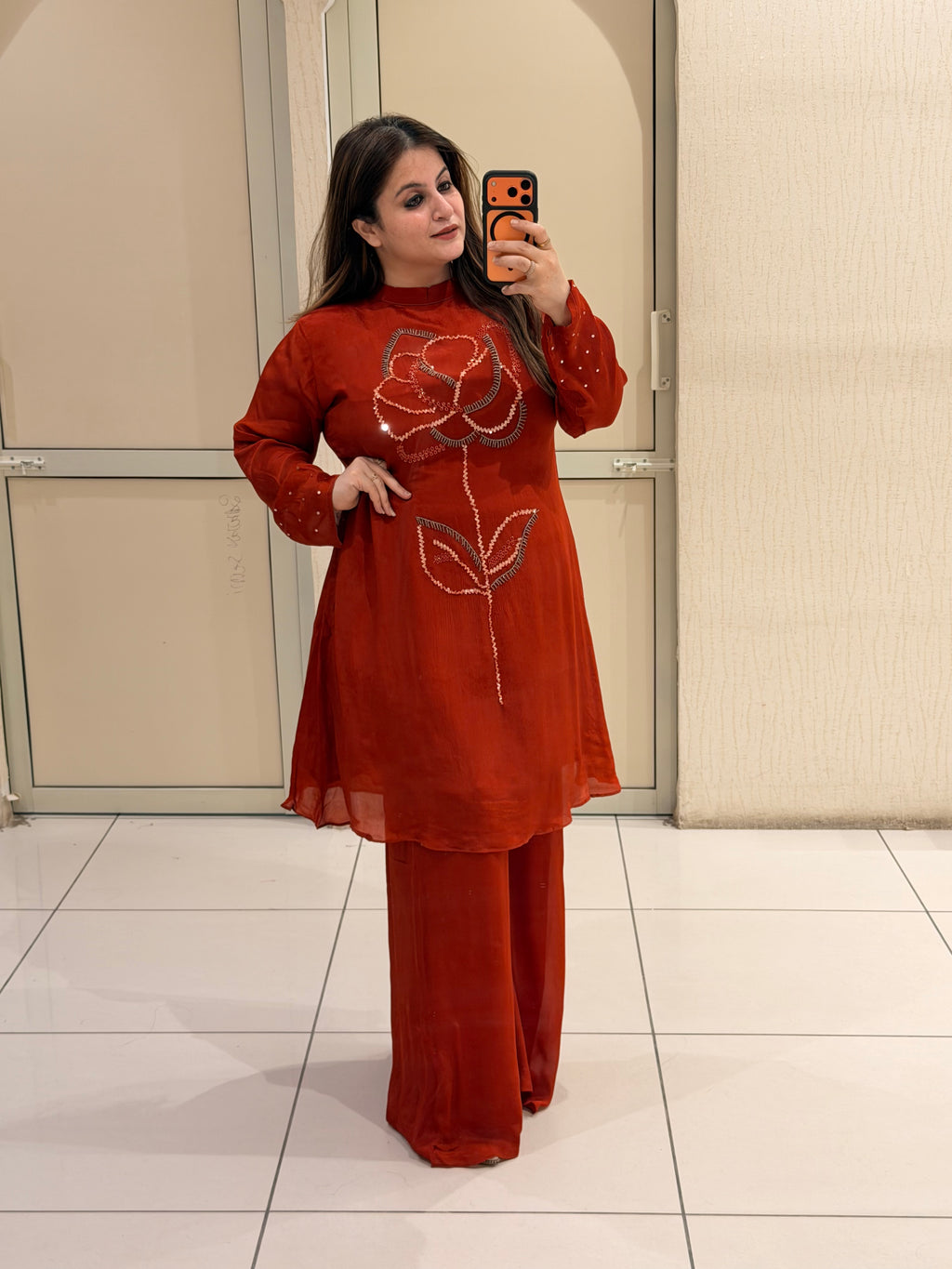 Rust Floral Embroidered Party Wear Co-Ord Set