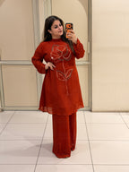 Rust Floral Embroidered Party Wear Co-Ord Set