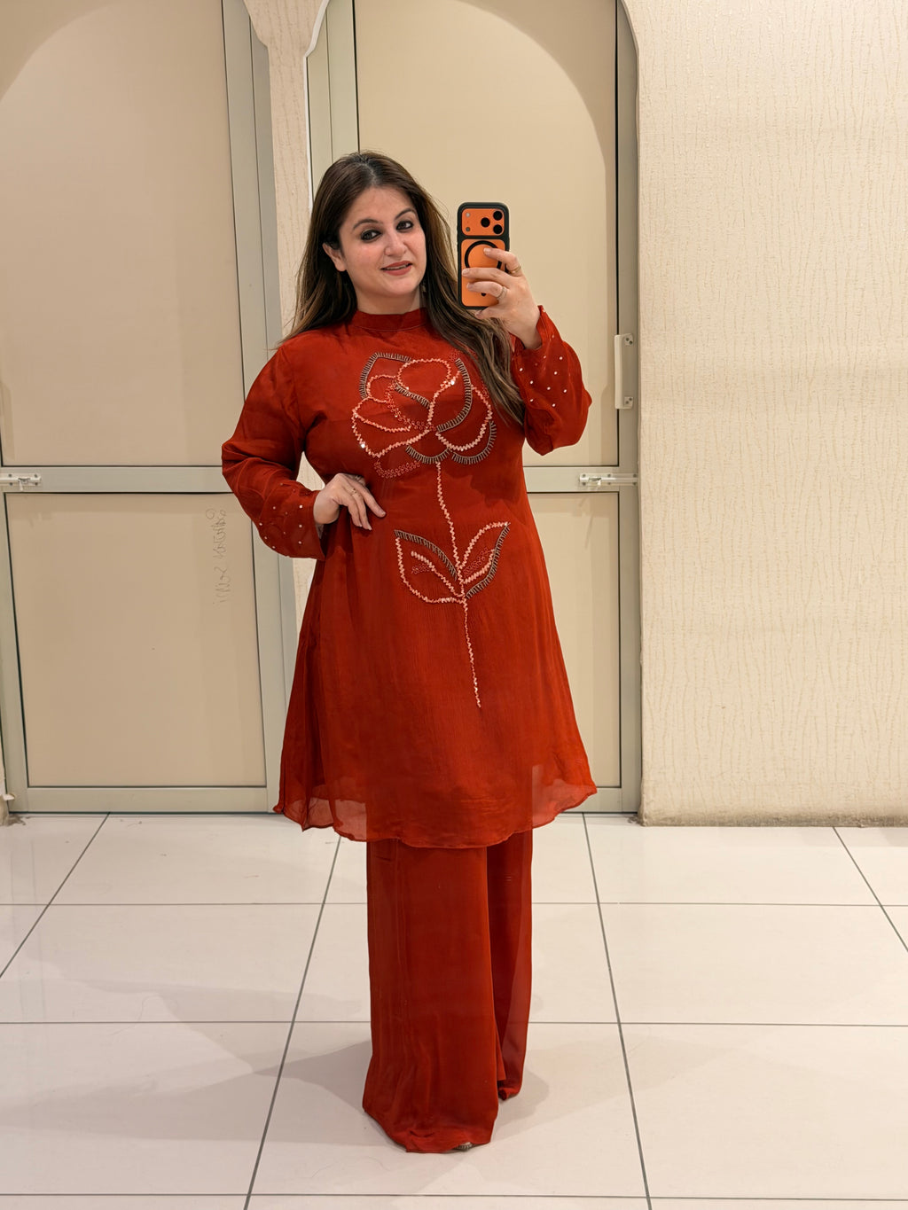 Rust Floral Embroidered Party Wear Co-Ord Set