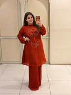 Rust Floral Embroidered Party Wear Co-Ord Set