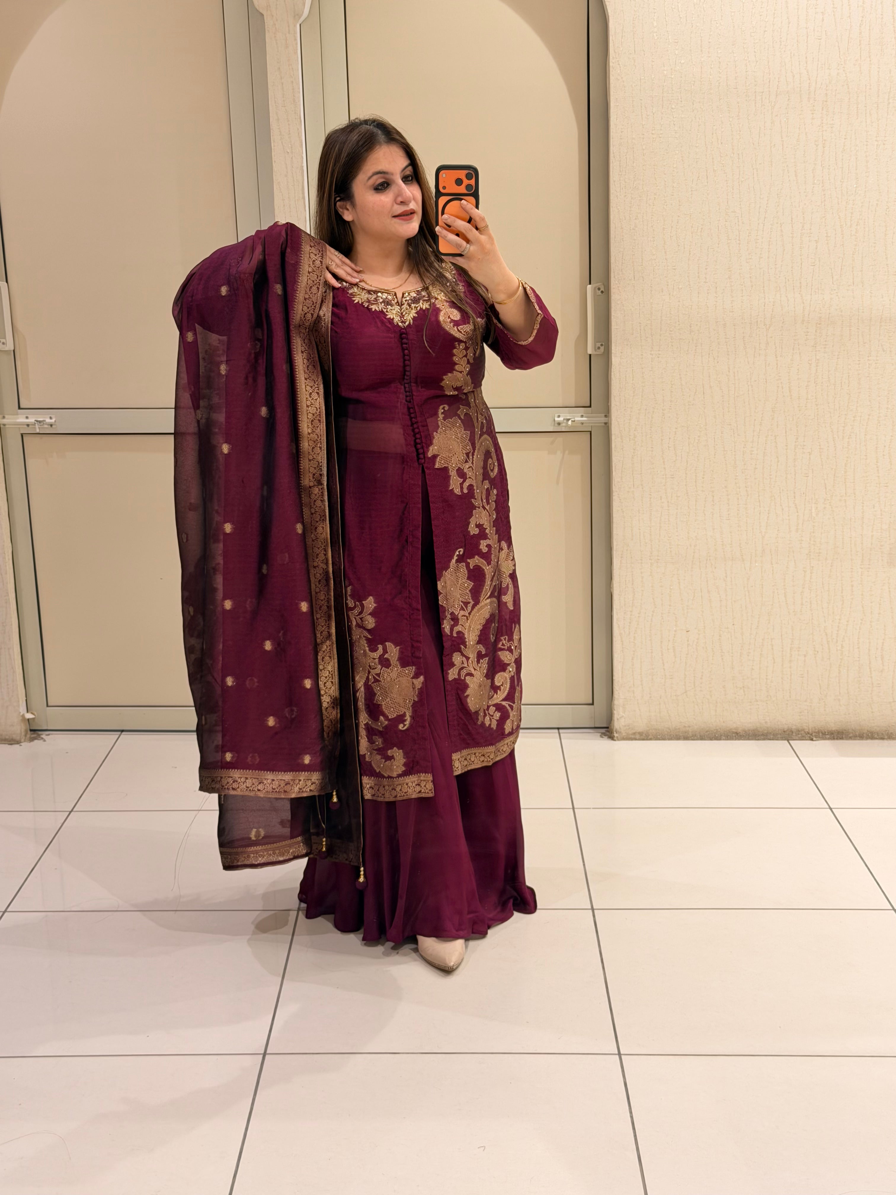 Wine Purple Designer Party Wear Suit Set with Embroidered Dupatta