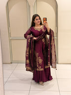 Wine Purple Designer Party Wear Suit Set with Embroidered Dupatta