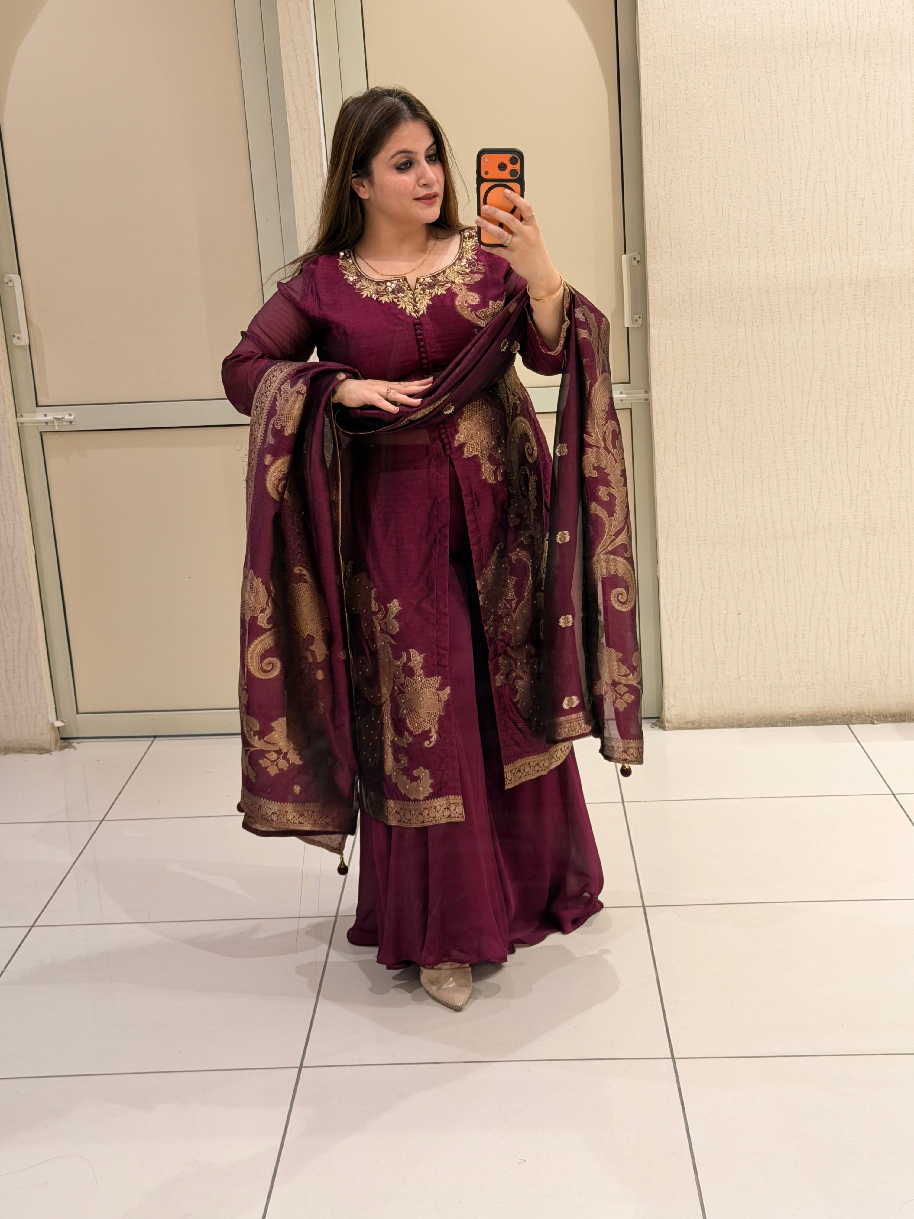 Wine Purple Designer Party Wear Suit Set with Embroidered Dupatta