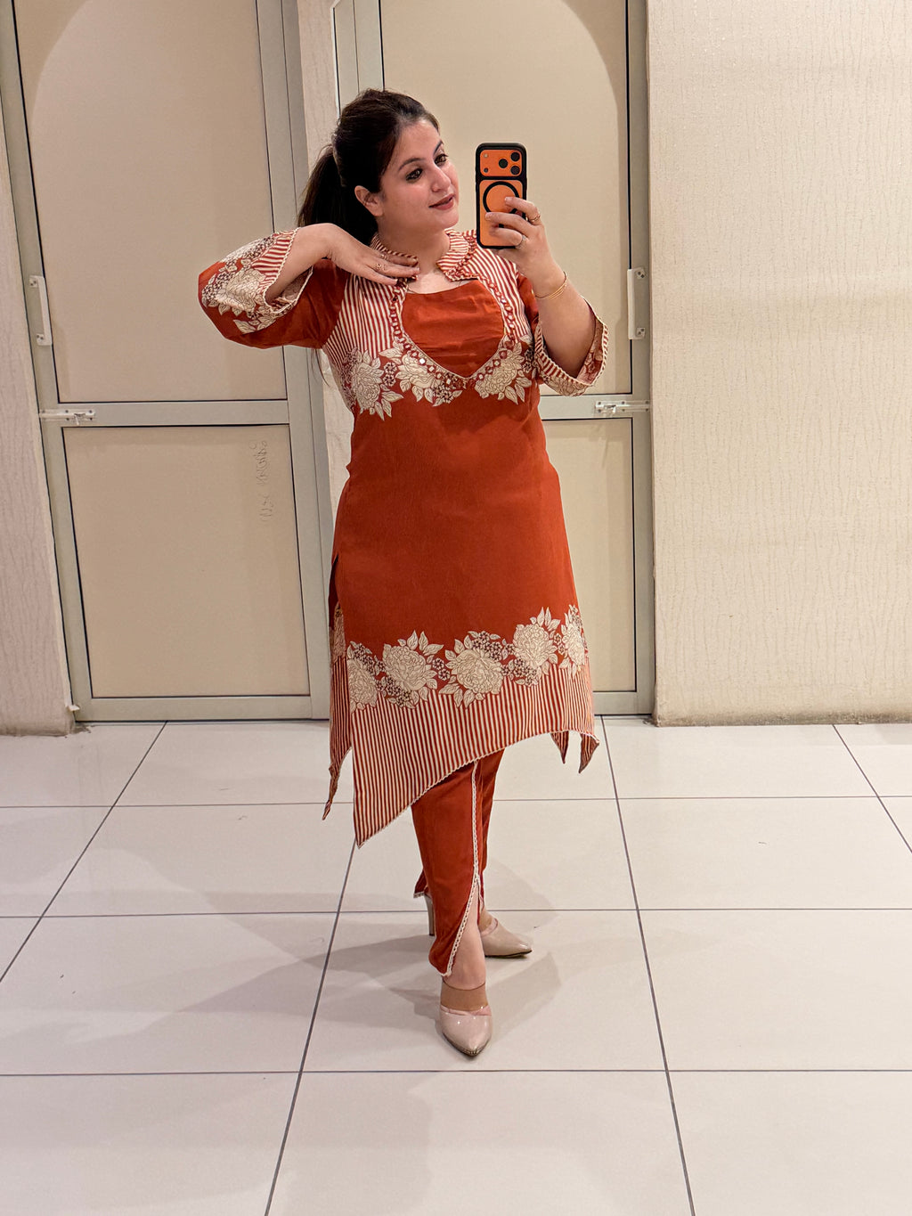 Rust Orange Embroidered Designer Kurta Pant Set