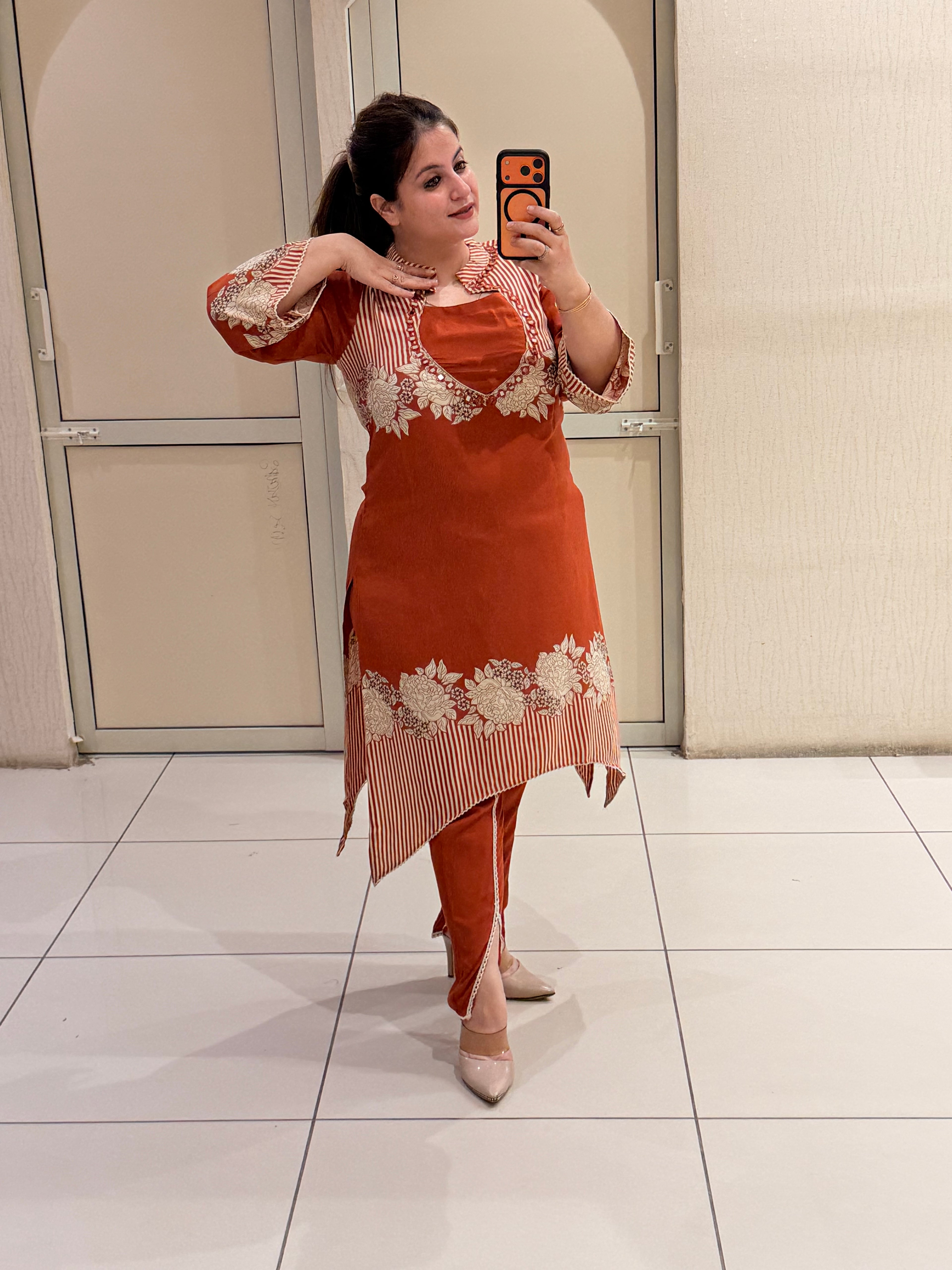 Rust Orange Embroidered Designer Kurta Pant Set
