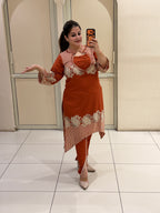 Rust Orange Embroidered Designer Kurta Pant Set