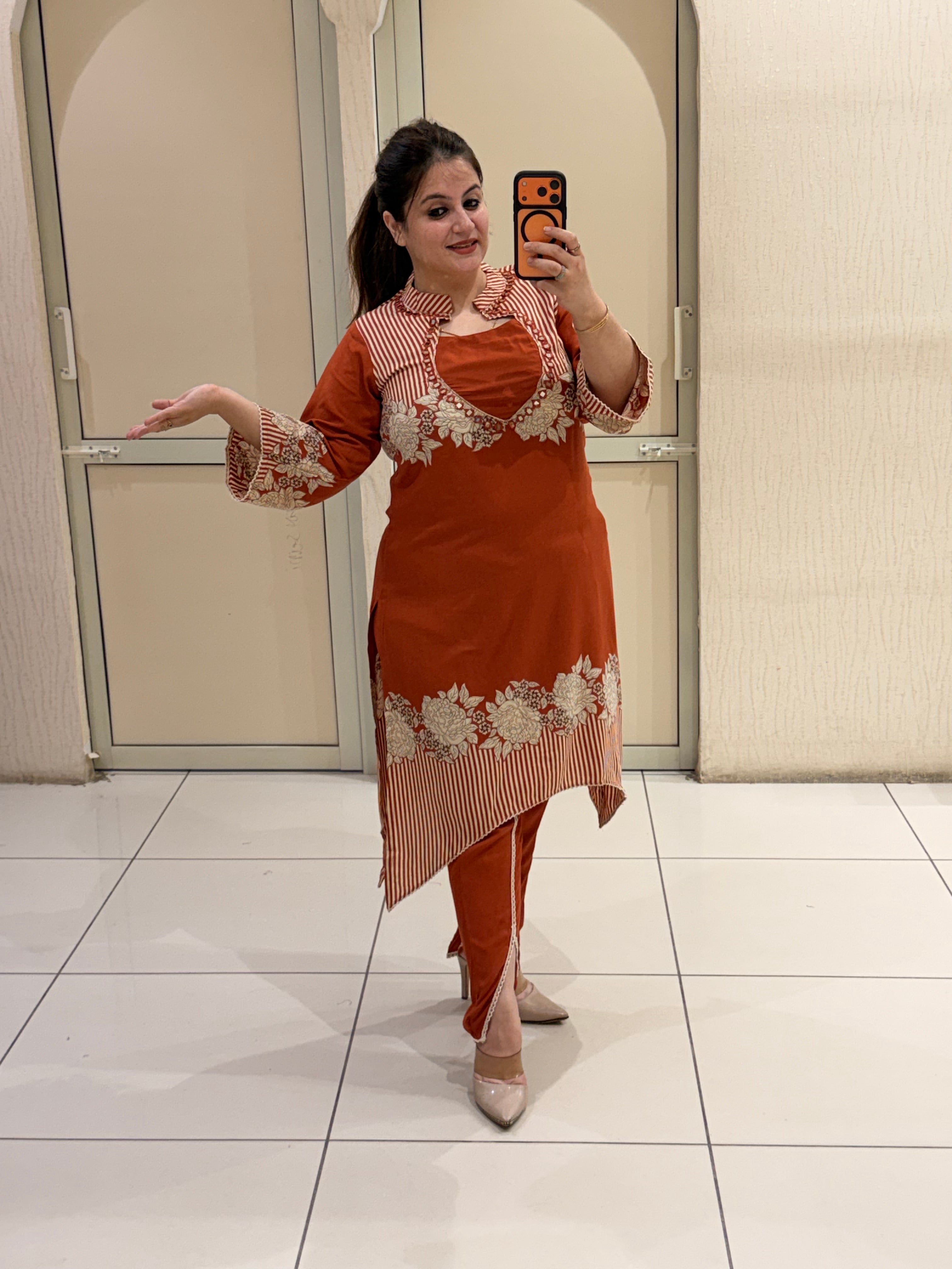 Rust Orange Embroidered Designer Kurta Pant Set