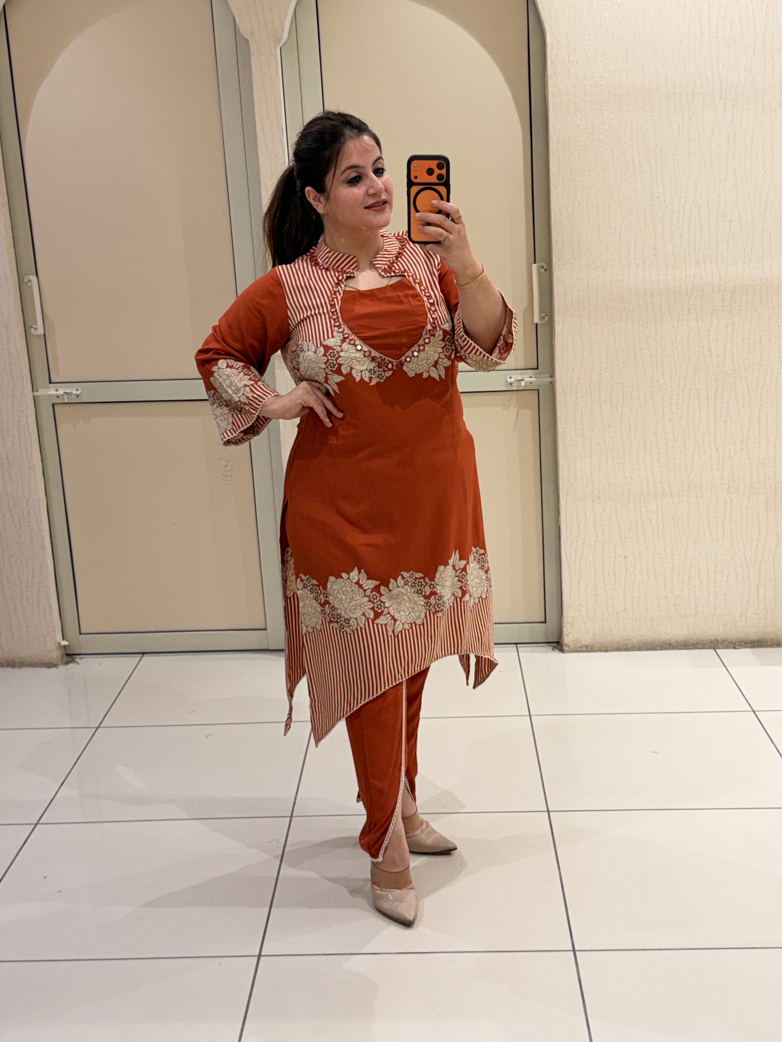 Rust Orange Embroidered Designer Kurta Pant Set