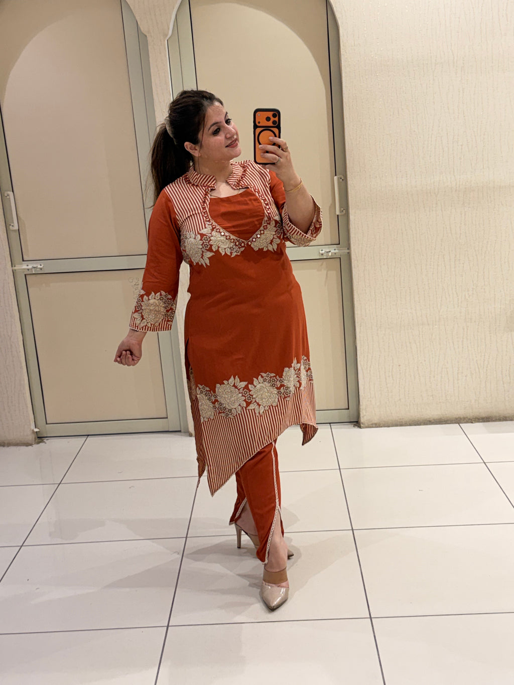 Rust Orange Embroidered Designer Kurta Pant Set