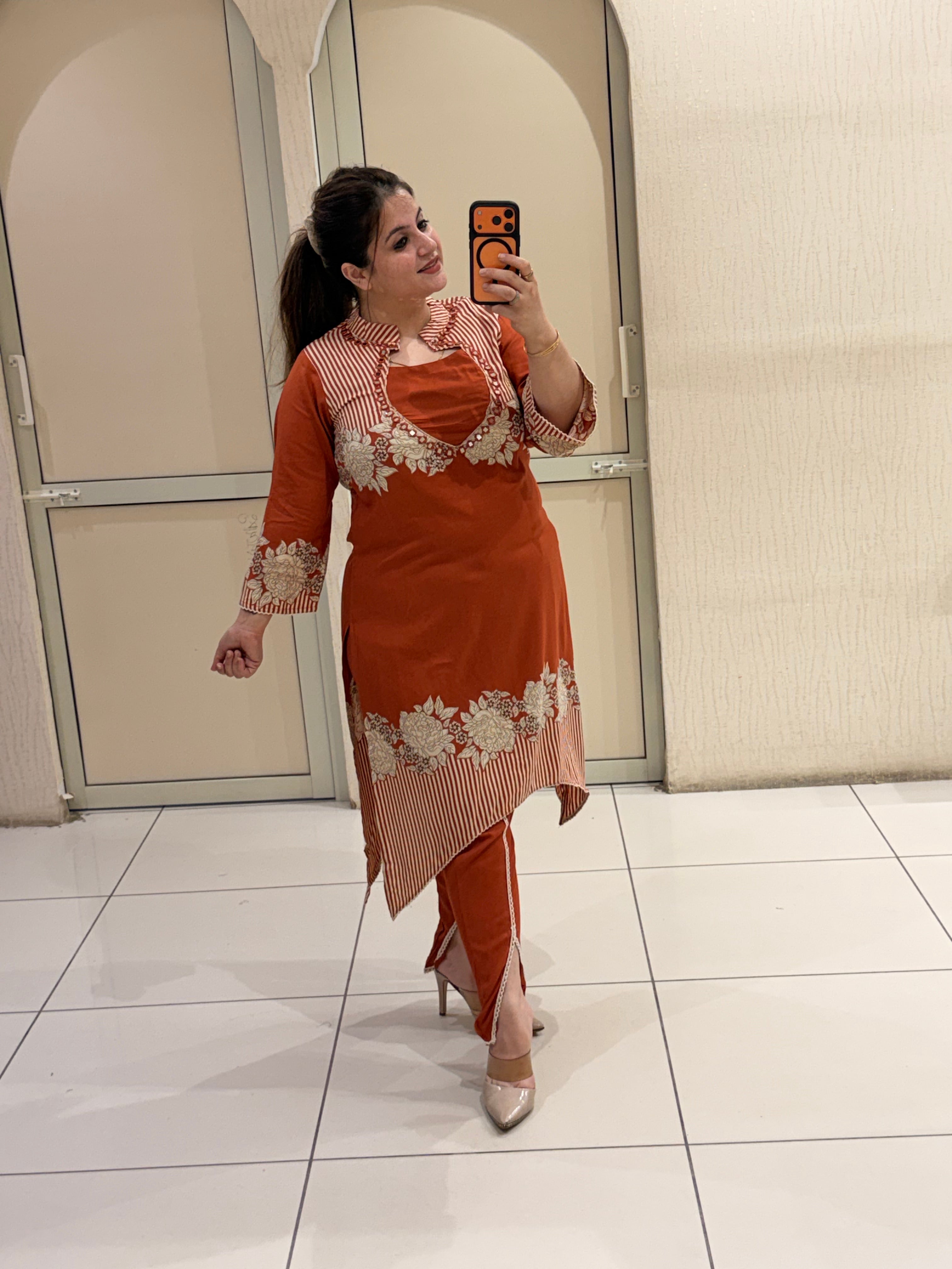 Rust Orange Embroidered Designer Kurta Pant Set