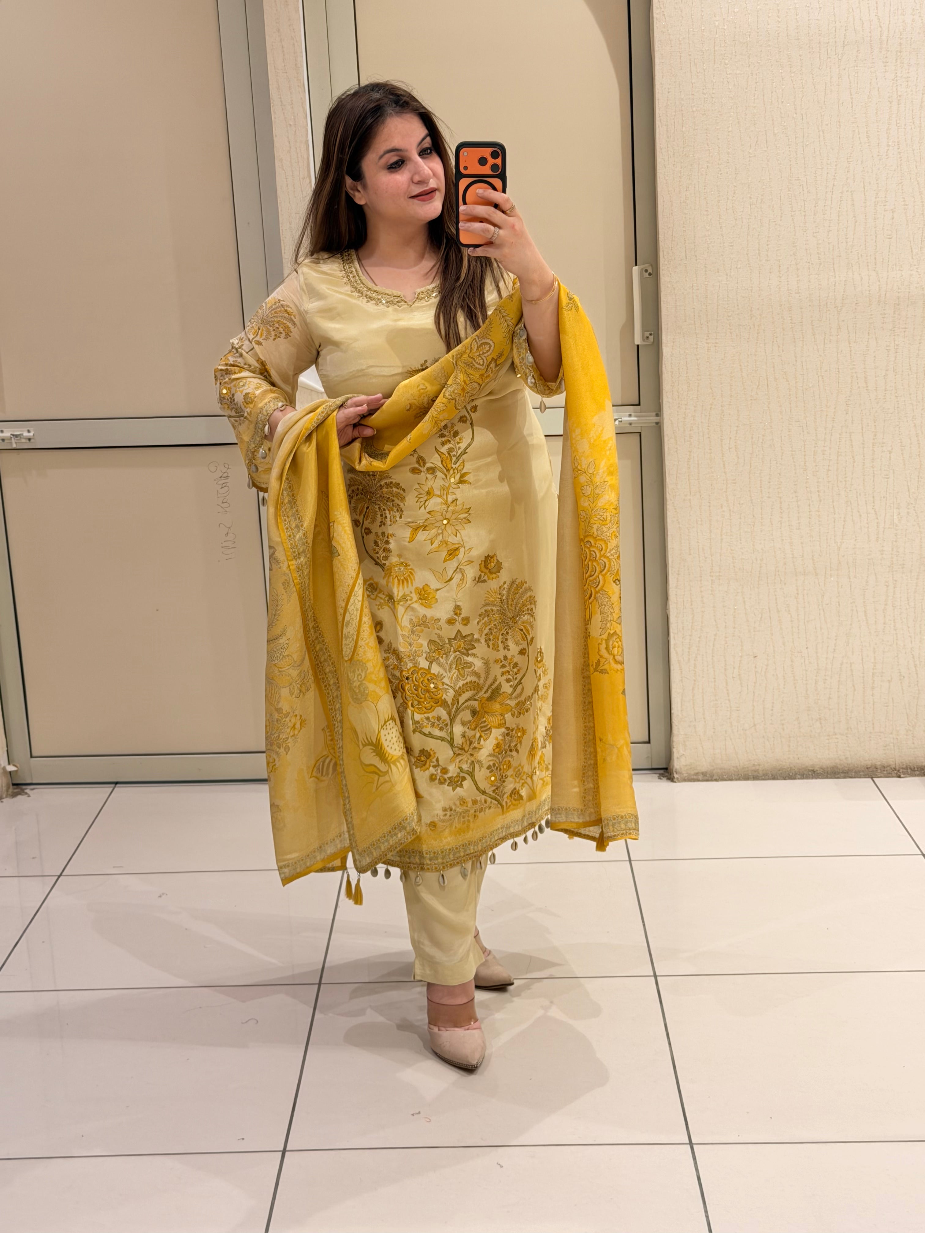 Elegant Ivory & Mustard Floral Party Wear Suit Set