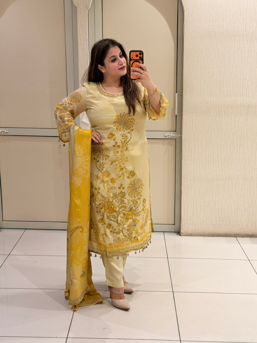 Elegant Ivory & Mustard Floral Party Wear Suit Set