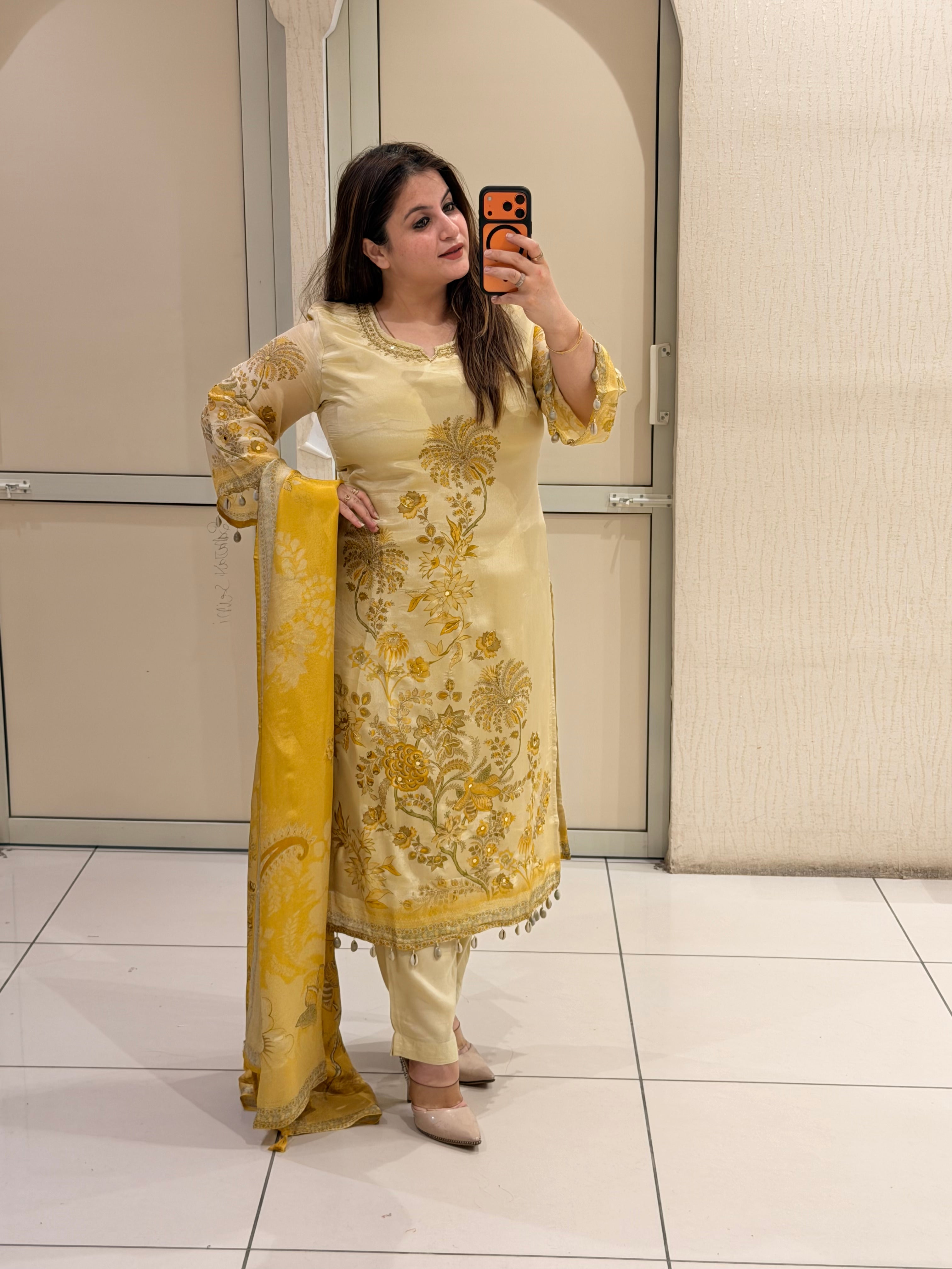 Elegant Ivory & Mustard Floral Party Wear Suit Set
