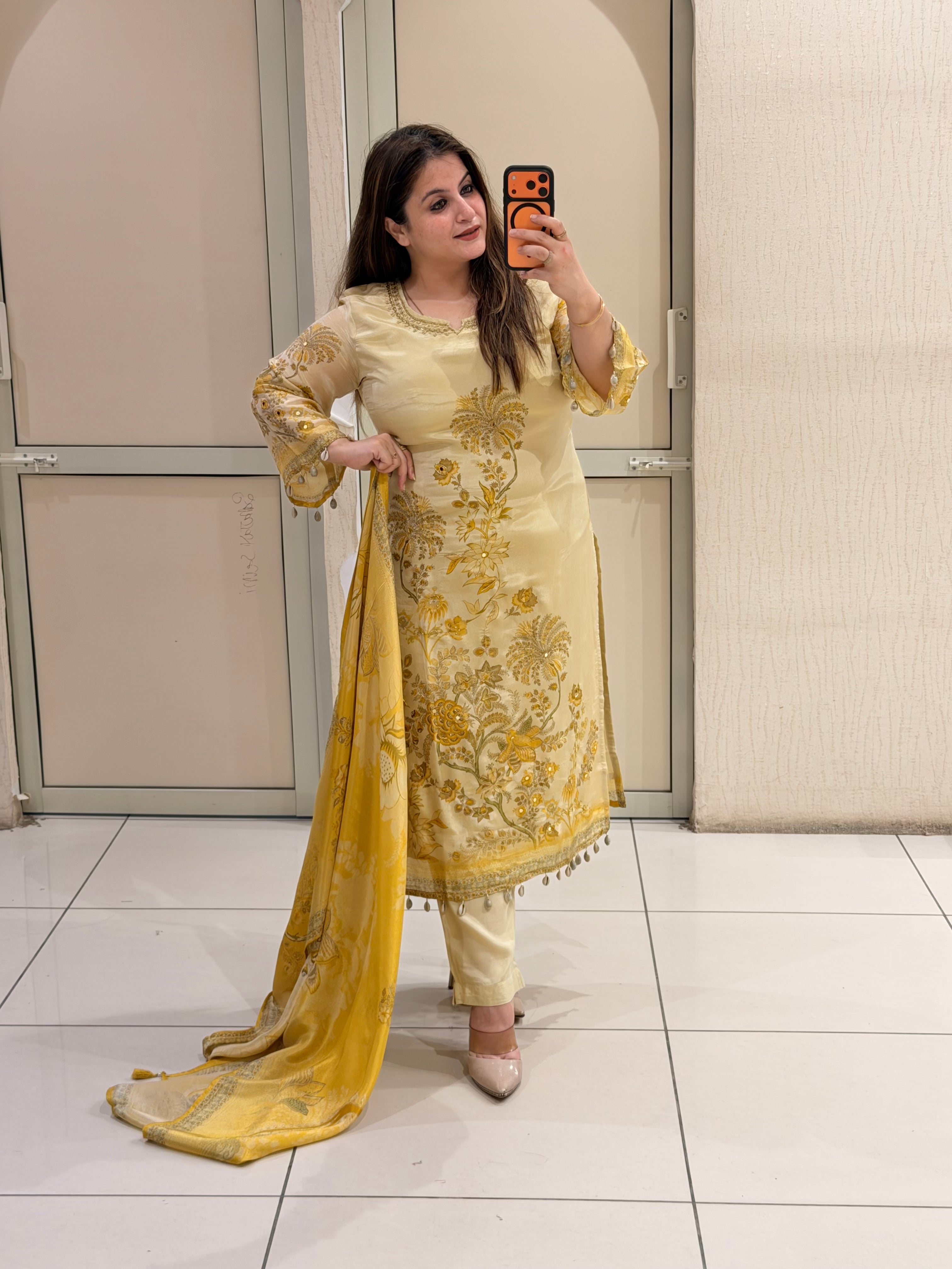 Elegant Ivory & Mustard Floral Party Wear Suit Set