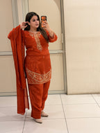 Rust Orange Crepe Farsi Handwork Designer Suit Set