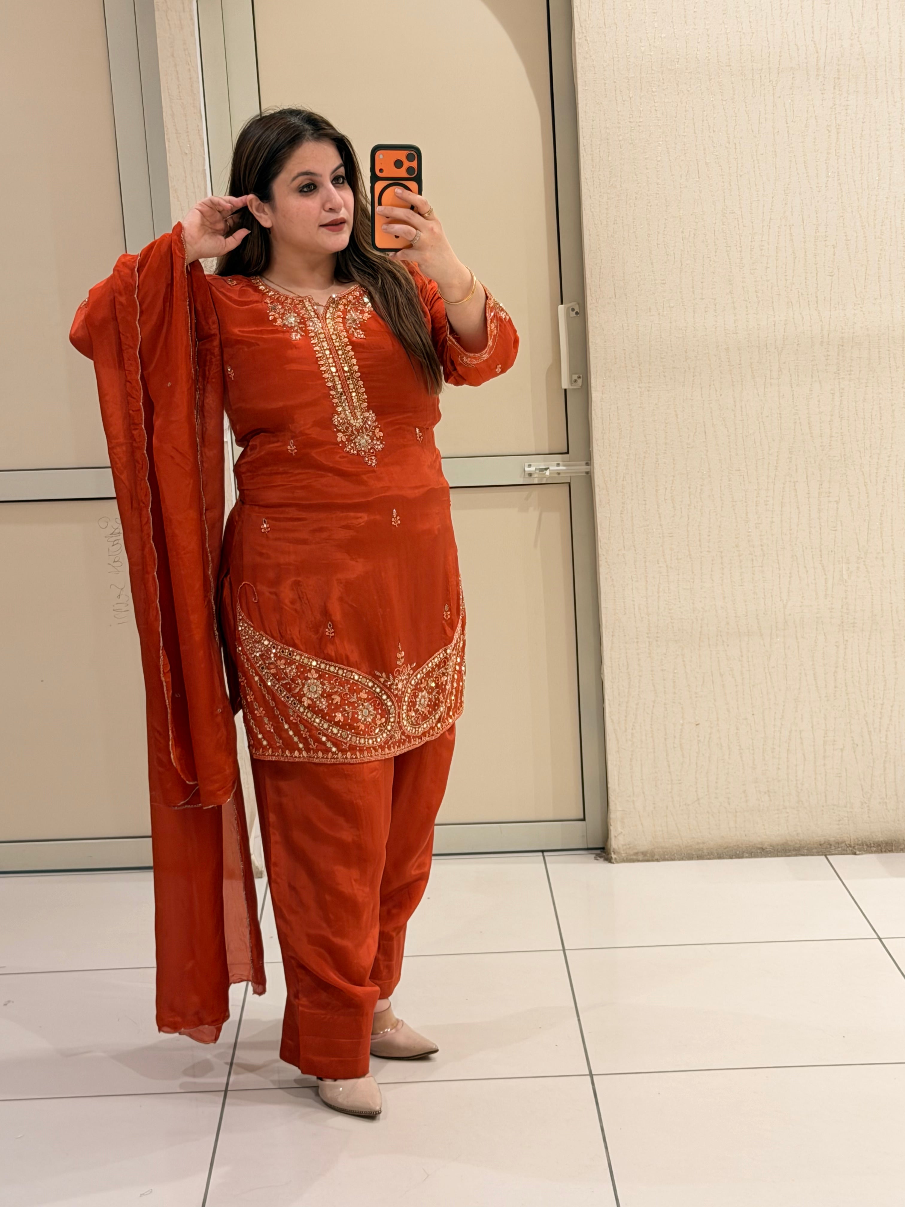 Rust Orange Crepe Farsi Handwork Designer Suit Set