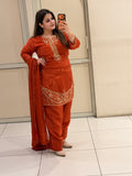 Rust Orange Crepe Farsi Handwork Designer Suit Set