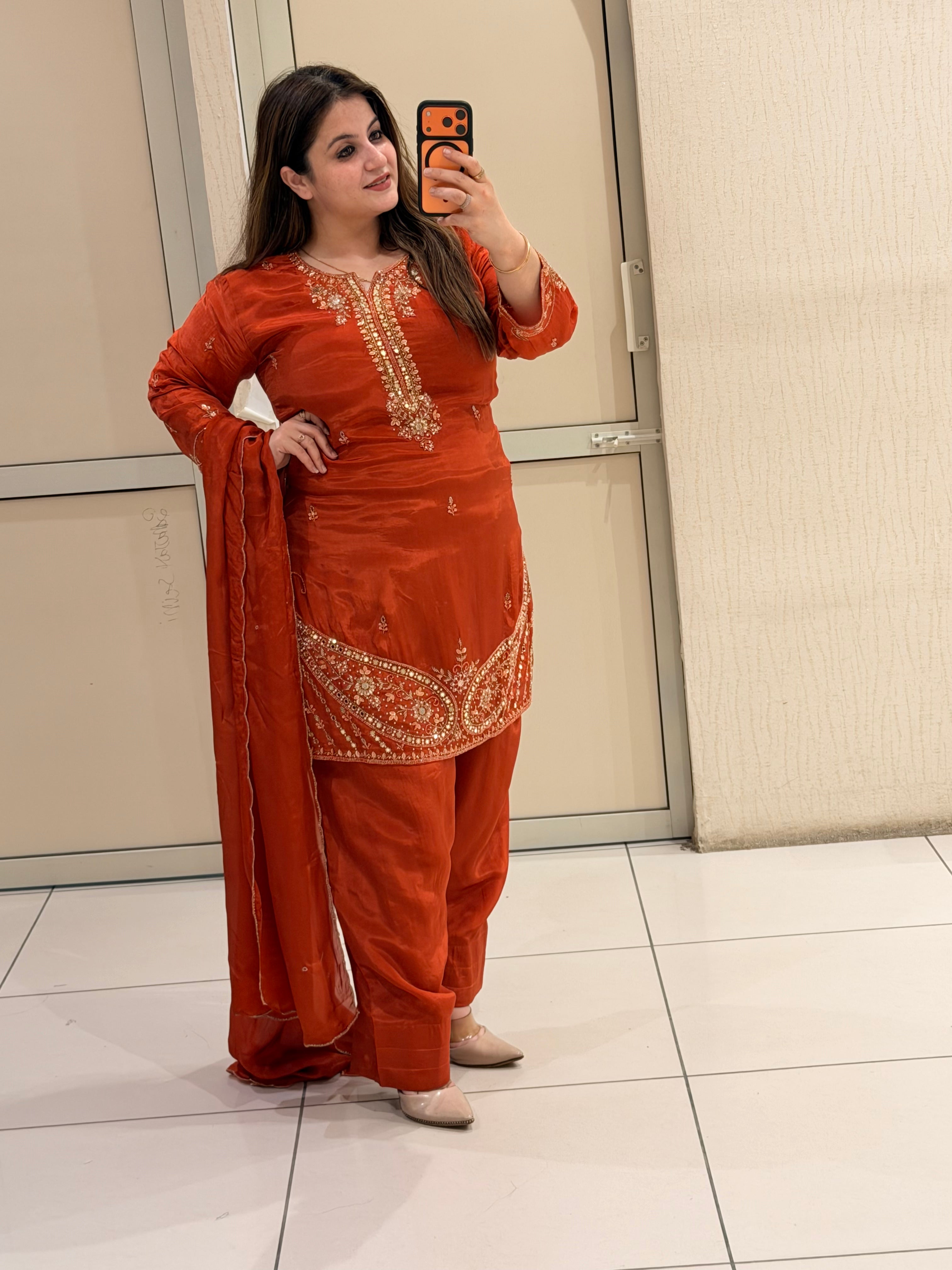Rust Orange Crepe Farsi Handwork Designer Suit Set