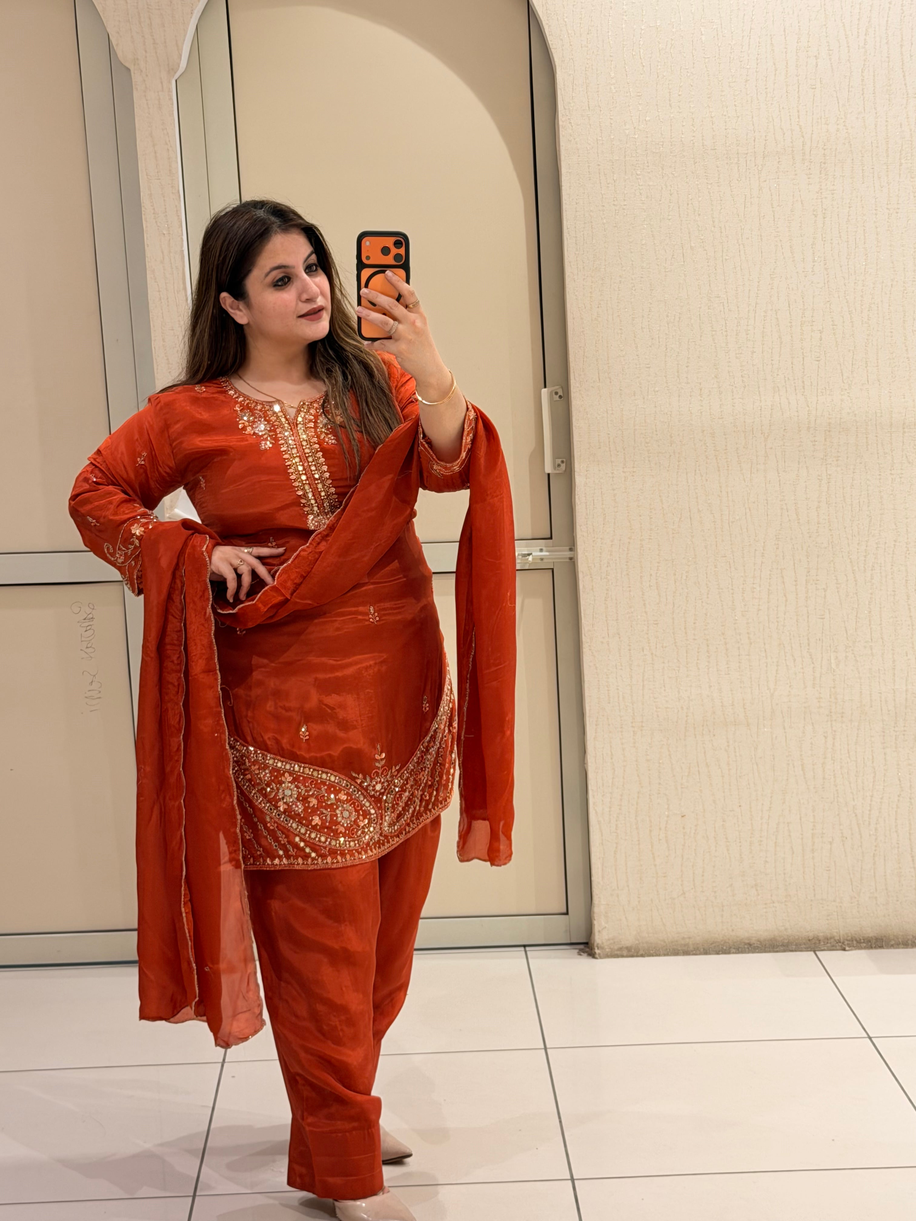 Rust Orange Crepe Farsi Handwork Designer Suit Set