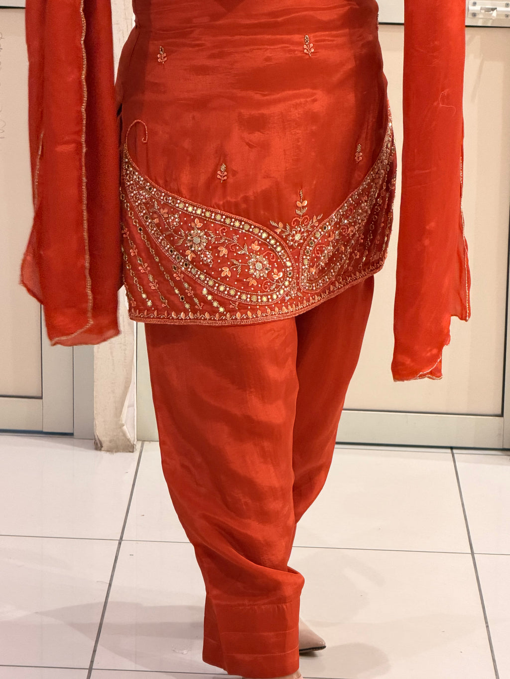 Rust Orange Crepe Farsi Handwork Designer Suit Set