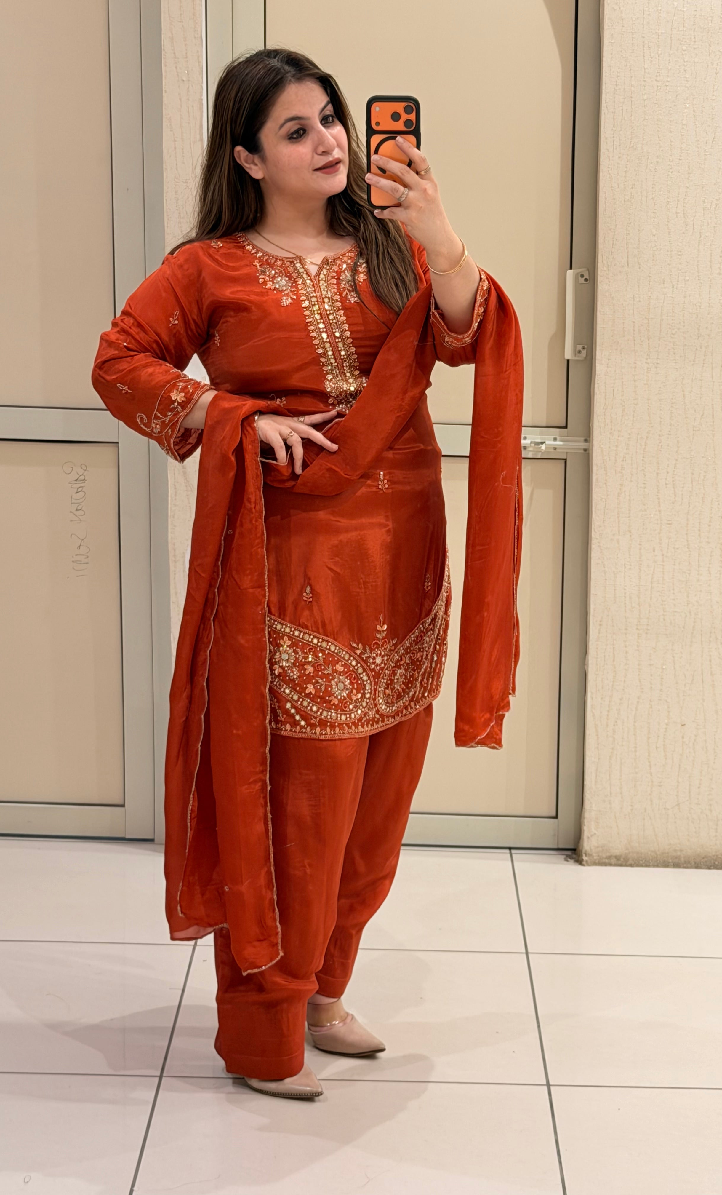 Rust Orange Crepe Farsi Handwork Designer Suit Set