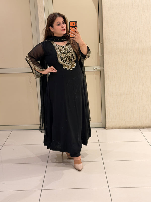 Black Pure Georgette Handwork Designer Suit Set