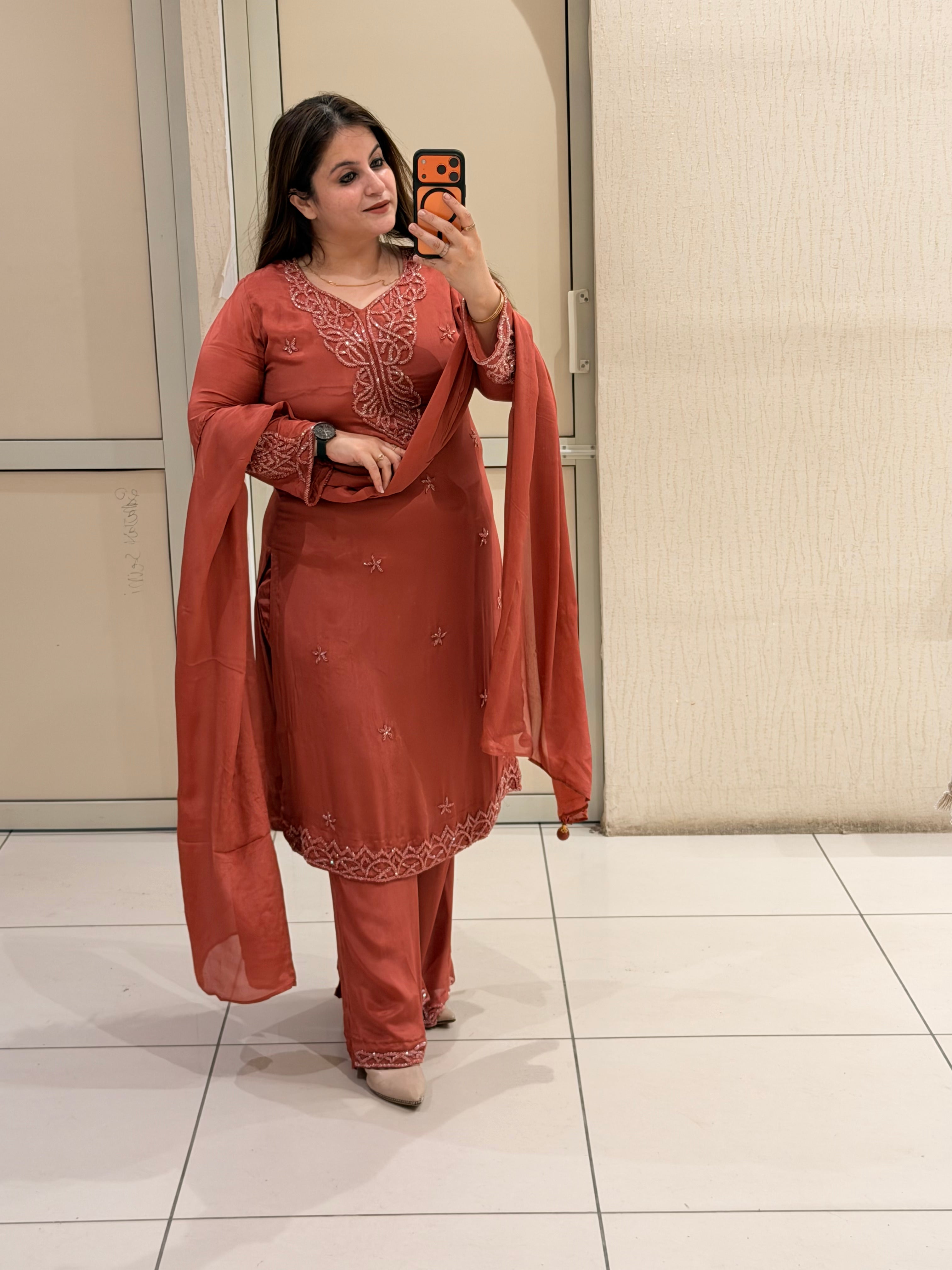 Dusty Rose Embroidered Party Wear Suit Set