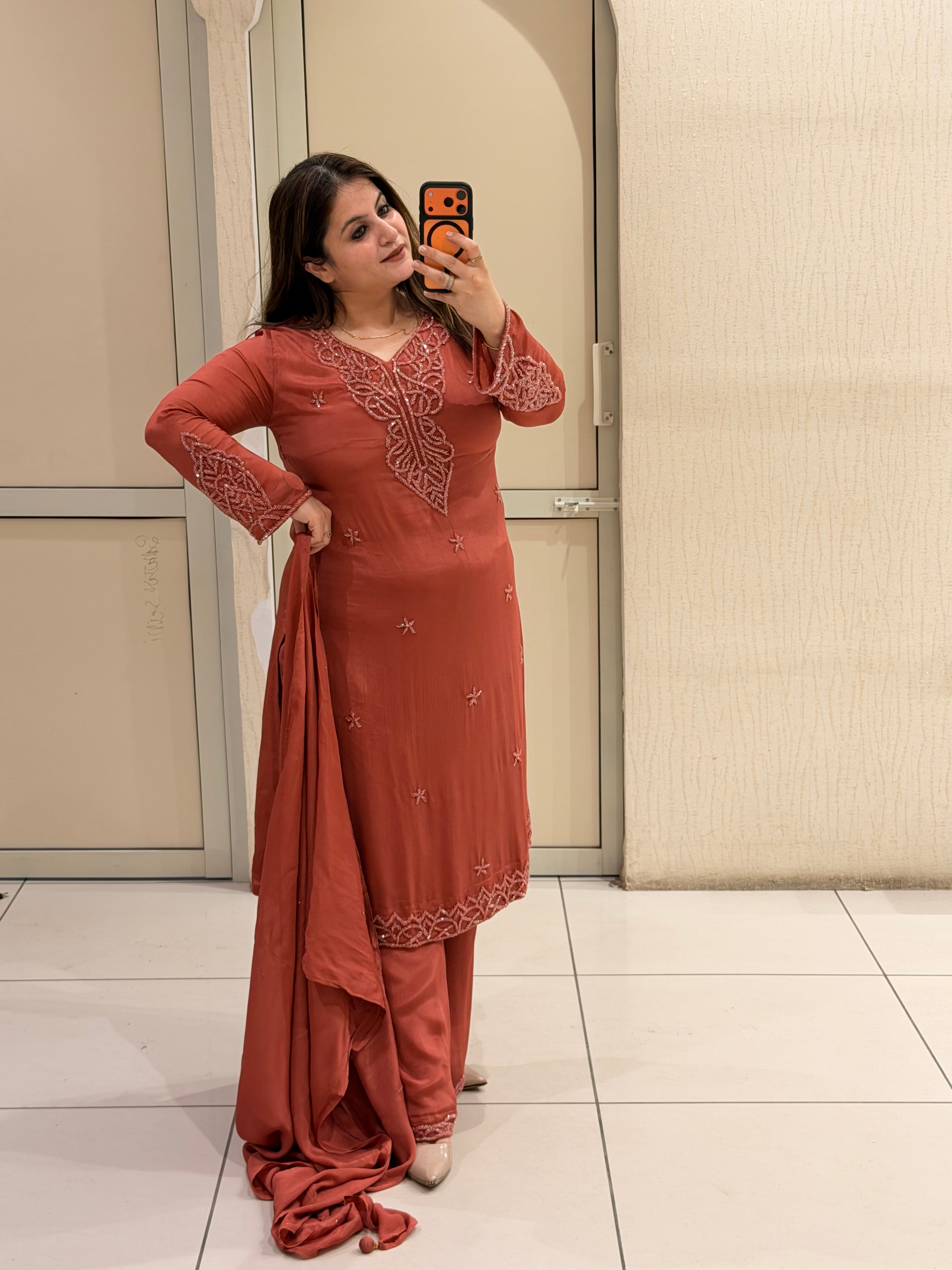 Dusty Rose Embroidered Party Wear Suit Set