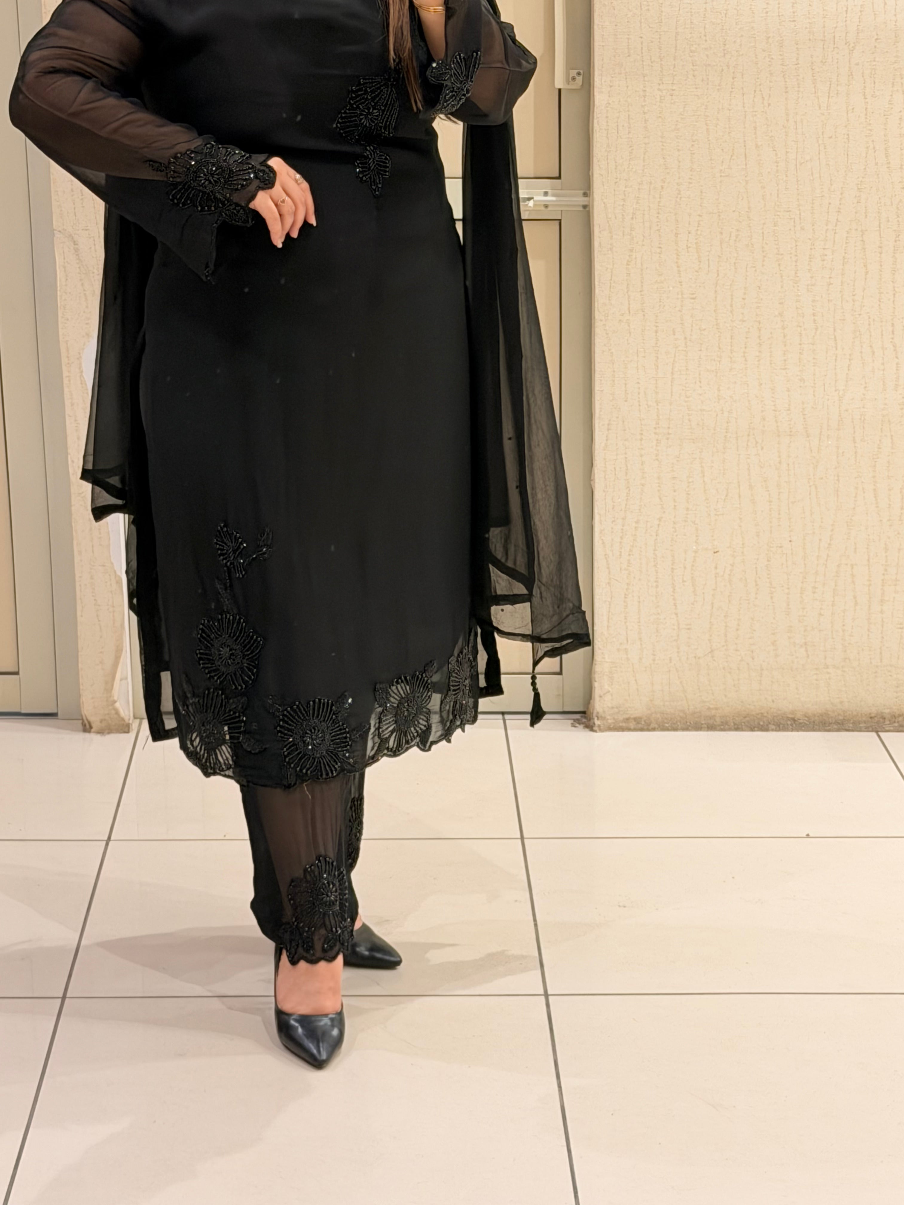 Black Party Wear Handwork Designer Suit Set