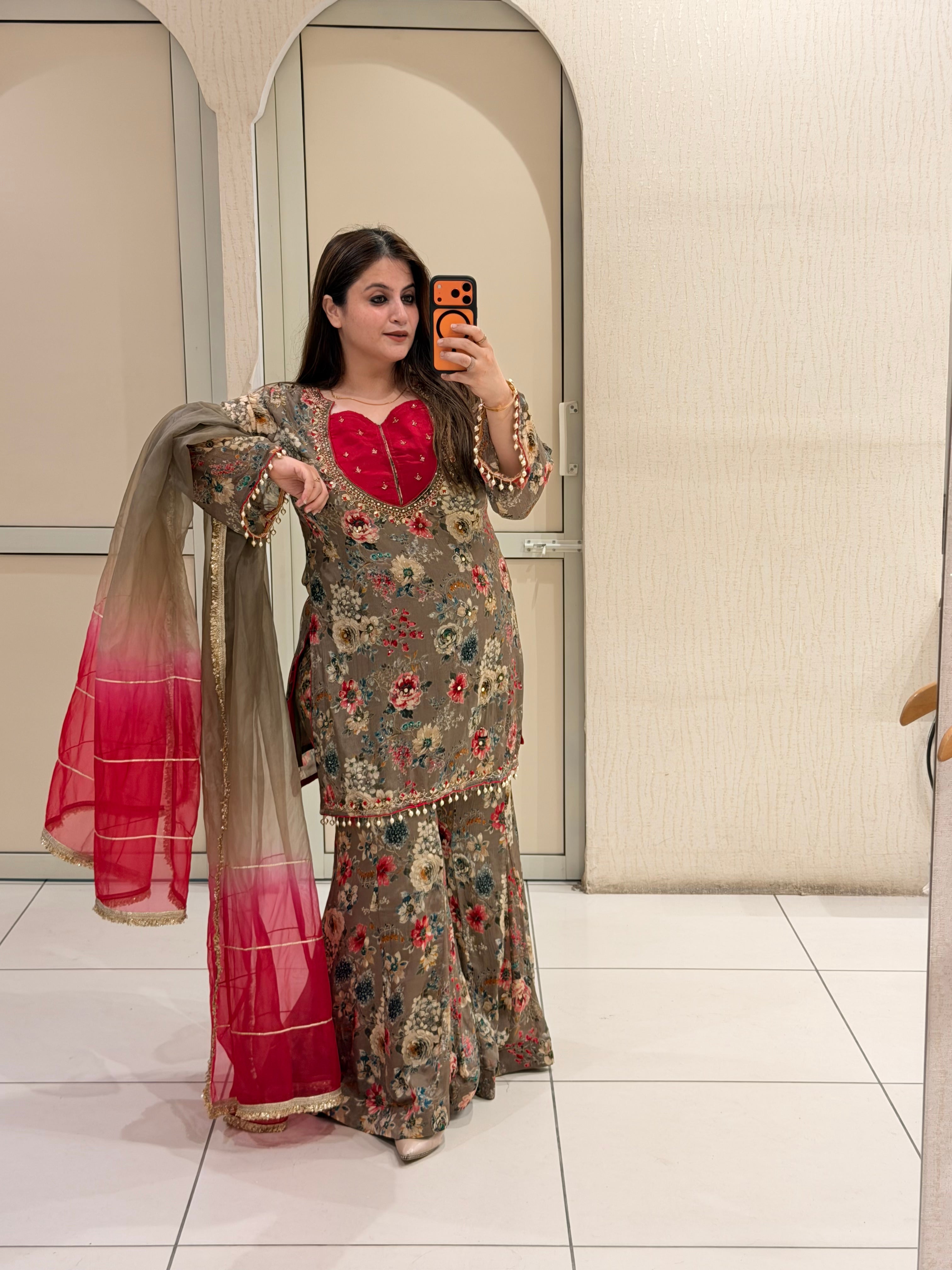 Floral Printed Party Wear Sharara Suit Set with Ombre Dupatta