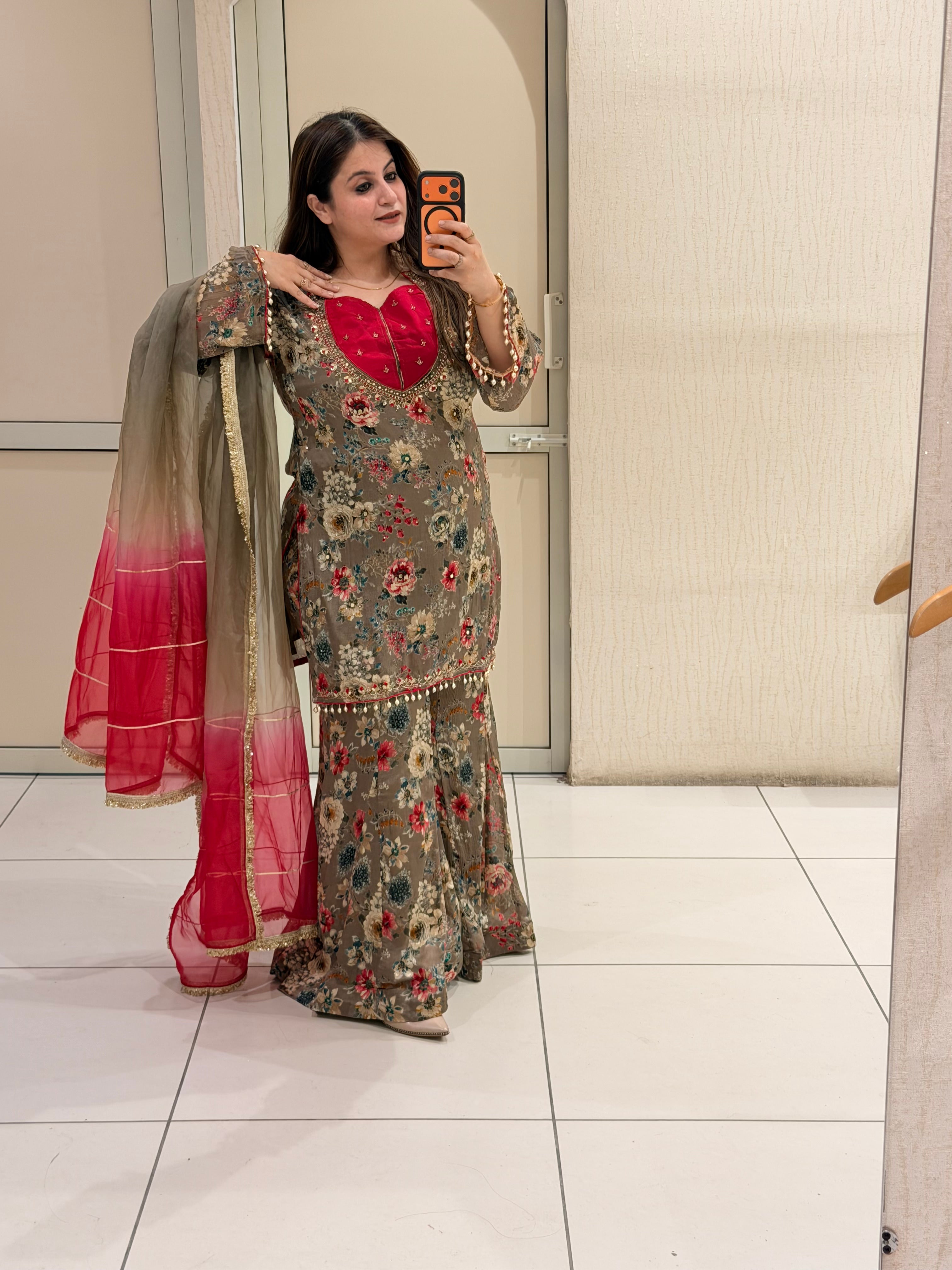 Floral Printed Party Wear Sharara Suit Set with Ombre Dupatta