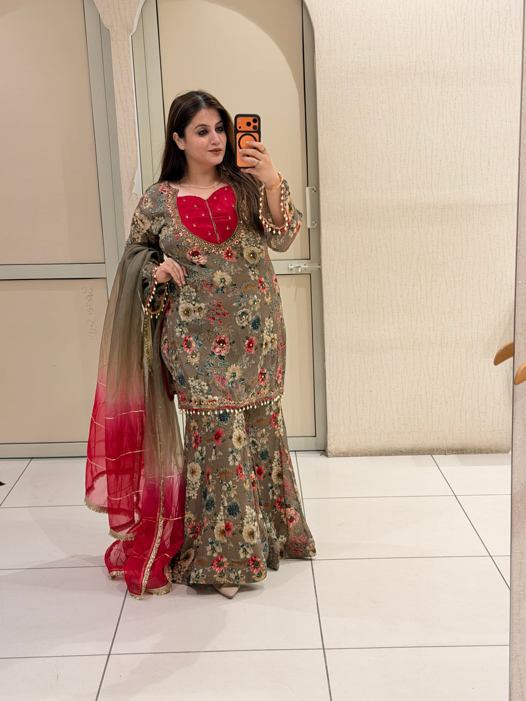 Floral Printed Party Wear Sharara Suit Set with Ombre Dupatta