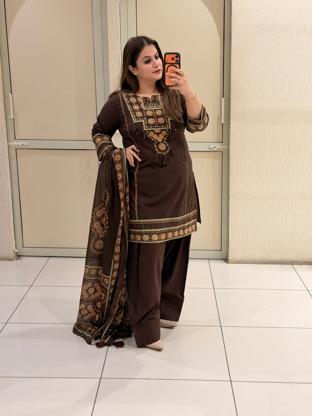 Brown Cotton Printed Farshi Suit Set with Dupatta