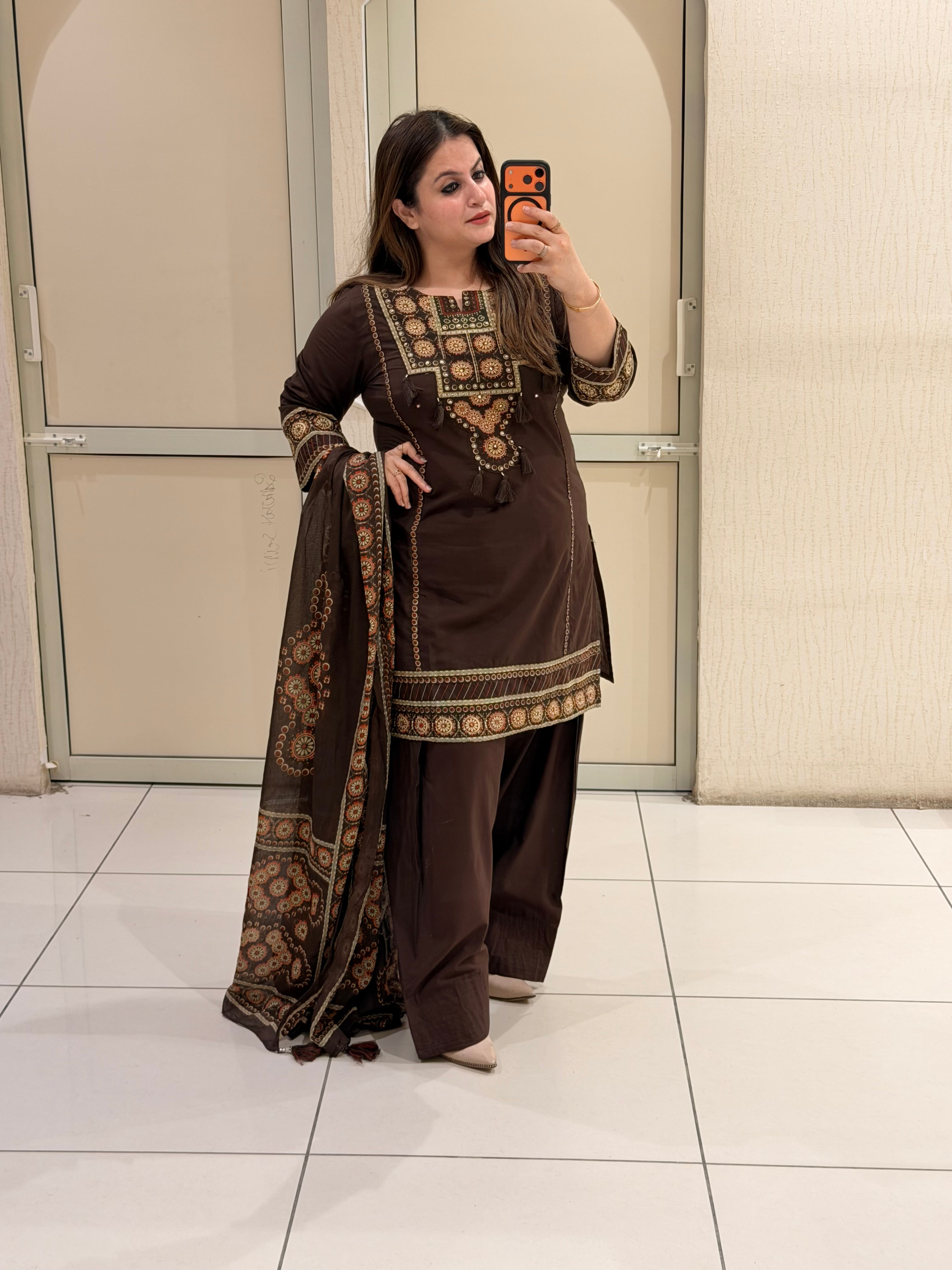 Brown Cotton Printed Farshi Suit Set with Dupatta